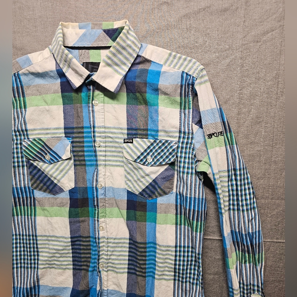 Vintage ripcurl lefty's long sleeve shirt geometric vibrant blue & green pattern